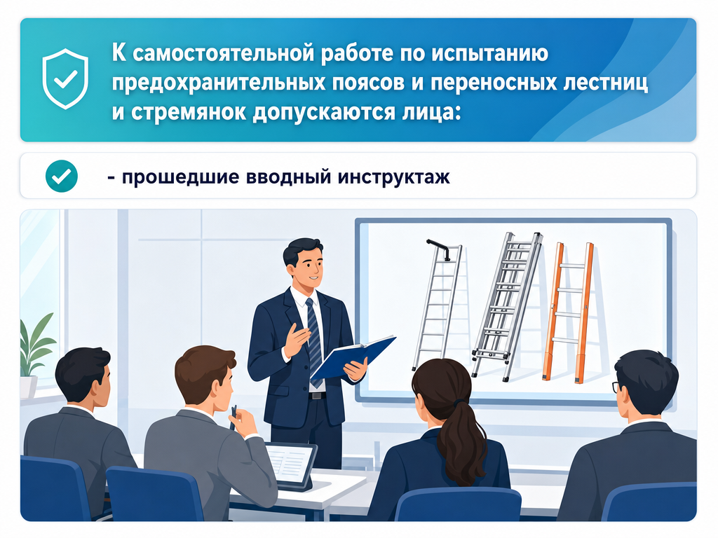 Персонал при испытании предохранительных поясов, переносных лестниц и стремянок — кадр 1